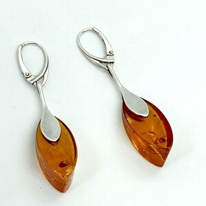 Sterling Silver Baltic Amber Marquis Drop Earrings
